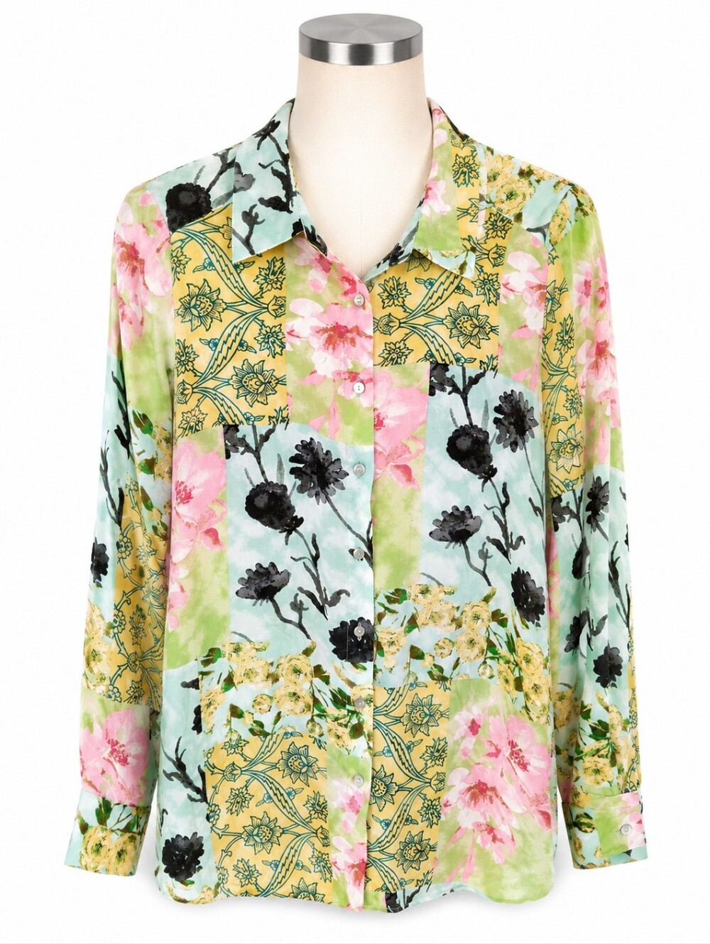 Rose + Olive Patchwork Floral Button Up Shirt Large Women Pastel Boho Blouse L